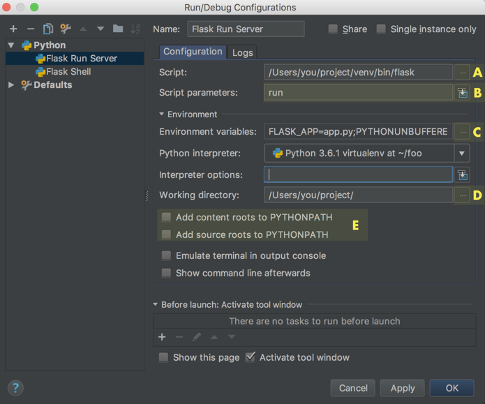 screenshot of pycharm's run configuration settings